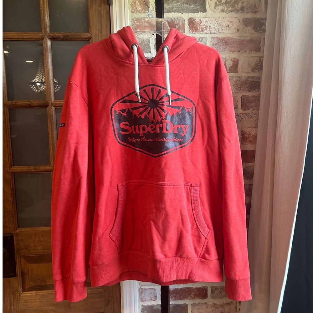 Superdry Hoodie Mens Red Graphic Outdoor Pullover Sweatshirt Gorpcore Cozy XL